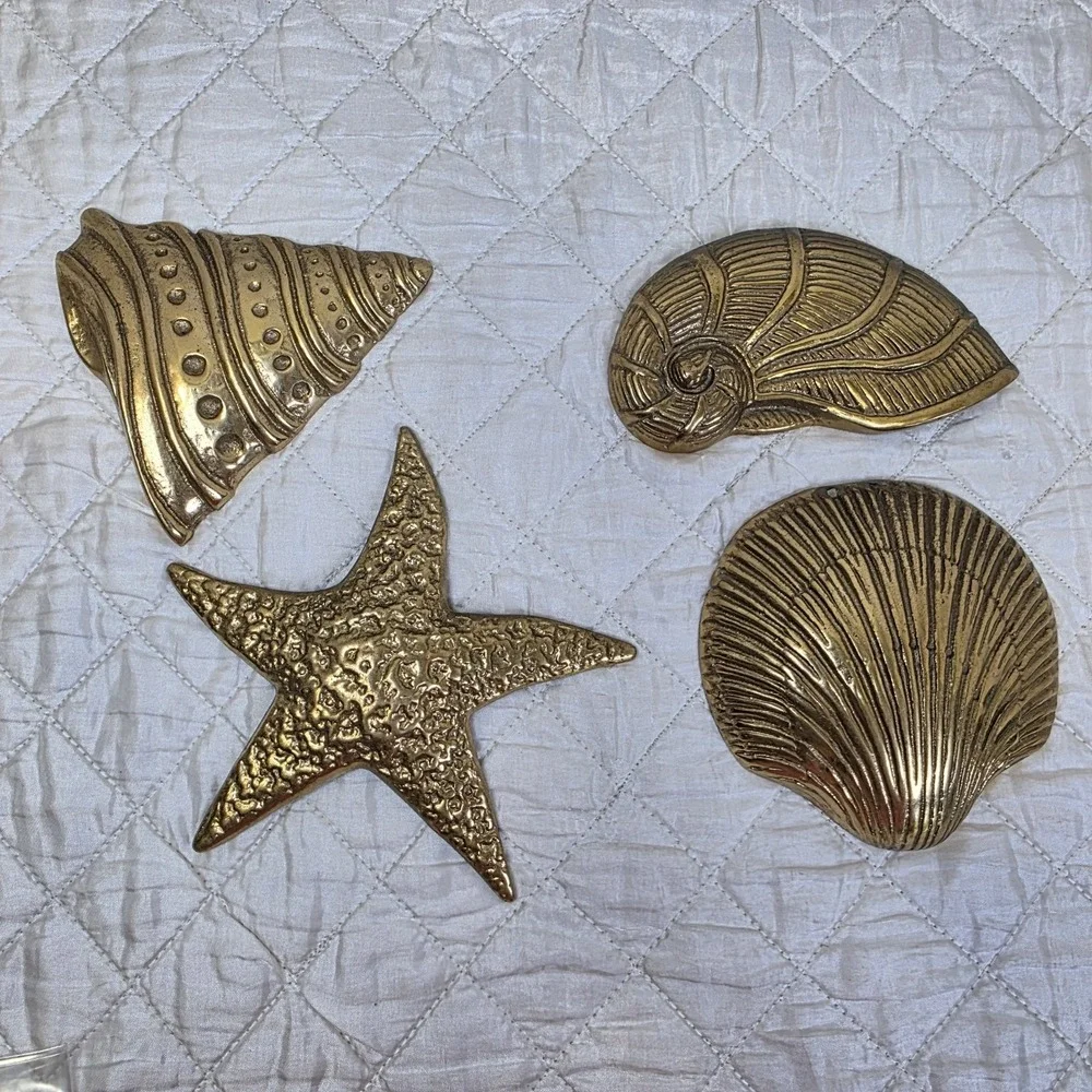 Vintage MCM Solid Brass Sea Shells Starfish Wall Hanging Decor Set of 4 Art Deco